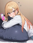 ai_generated blonde_hair blush cuckquean ear_piercing embarrassed gyaru holding_phone kitagawa_marin light-skinned_female light_skin long_hair looking_at_viewer multicolored_hair ntr phone pillow pink_eyes school_uniform schoolgirl solo_female sono_bisque_doll_wa_koi_wo_suru spoilage_ai squatting sweat sweatdrop thick_body thick_female voluptuous voluptuous_female
