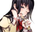  1girl adjusting_hair akemi_homura black_hair food long_hair looking_at_viewer mahou_shoujo_madoka_magica one_eye_closed open_mouth purple_eyes saliva saliva_trail sexually_suggestive snack solo torigoe_takumi umaibo umaibou wink 