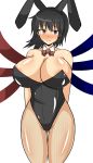 1girl animal_ears areola areolae bare_shoulders black_hair breasts bunny_costume bunny_ears bunnysuit cleavage curvy female fishnets highleg houjuu_nue mound_of_venus musuka_(muska) red_eyes short_hair simple_background solo standing thigh_gap thighs touhou white_background