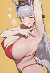  1girl ai_generated animal_ears armpit_fetish armpits ass bikini breasts gold_ship_(umamusume) heart horse_ears horse_girl horse_tail huge_ass huge_breasts licking licking_lips light-skinned_female light_skin long_hair looking_at_viewer smile steam steamy_breath sukit96926 sweat sweatdrop sweating swimsuit umamusume umamusume_pretty_derby v 