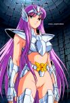 1girl ai-generated ai_assisted ai_generated armor armored_boots armored_gloves athena_(saint_seiya) blue_eyes bottomless cleft_of_venus cosplay_(pegasus_seiya) female_focus long_hair looking_at_viewer nekom14 no_panties no_pants purple_eyes purple_hair pussy saint_seiya saori_kido