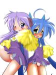 2girls blue_hair blush cameltoe cheerleader green_eyes hair hiiragi_kagami izumi_konata lucky_star mizushima_(p201112) multiple_girls panties purple_eyes purple_hair ribbon small_breasts twin_tails yuri