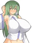 1girl bare_shoulders bottomless breasts curvy detached_sleeves female green_hair hair_ornament hair_tubes hips huge_breasts kochiya_sanae long_hair mound_of_venus musuka_(muska) navel no_panties shirt sideboob simple_background solo standing touhou white_background wide_hips yellow_eyes