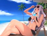 1girl alluring beach beach_chair big_breasts bikini blush breasts cleavage crossed_legs drinking drinking_straw female_only hairband idolmaster kedama_keito legs_crossed looking_at_viewer navel palm_tree purple_eyes purple_hair shijou_takane sitting solo solo_female straw sunglasses swimsuit tree umbrella voluptuous