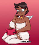 1girl adel_kydo alternate_costume angel_wings bare_arms bare_shoulders box box_heart breasts brown_eyes brown_hair camila_noceda chocolate chocolate_heart choker cleavage closed_mouth collarbone cross-laced_clothes cross-laced_dress dark-skinned_female dark_brown_hair dark_skin disney dress earrings eating feathered_wings feathers female_only female_solo food food_in_mouth full_body gift gift_heart glasses gradient gradient_background hand_up heart heart_box heart_gift holding holding_box holding_chocolate holding_food huge_breasts jewelry legs legwear mature mature_female mature_woman milf neck necklace pink_background plump red-framed_eyewear red-framed_glasses red_background red_choker semi-rimless_eyewear semi-rimless_glasses short_dress short_hair sitting stockings strapless strapless_dress stud_earrings sweet the_owl_house thick_eyebrows thick_thighs thighs valentine valentine's_day wariza white_dress white_legwear white_thighhighs white_wings wings