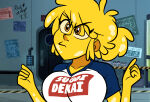 1girl angry big_breasts blonde_female blonde_hair breasts cartoon_network clenched_hands closed_mouth eyebrows_visible_through_hair eyes_visible_through_hair female_only female_solo g-lo_(villainous) hands_up head_tilt heroine indoors looking_up neck orange_eyes ponytail robert_rose_(philelmago) shirt short_hair short_sleeves slime slime_girl superheroine t-shirt tied_hair upper_body villainous yellow_skin