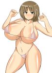  1girl areola areola_slip areolae arms_up bikini breasts brown_hair curvy female flower hair_ornament huge_breasts idolmaster idolmaster_cinderella_girls micro_bikini mimura_kanako musuka_(muska) short_hair simple_background solo standing string_bikini swimsuit thighs white_background white_bikini white_swimsuit yellow_eyes 