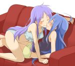 all_fours blue_hair closed_eyes couch dorinko hiiragi_kagami izumi_konata kissing long_hair lucky_star panties purple_hair shorts twin_tails underwear yuri