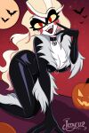  1girl 1girls amazon_prime big_breasts black_cat_(cosplay) bodysuit breasts cartoon charlie_morningstar charlie_morningstar_(hazbin_hotel) cleavage fangs grin halloween halloween_costume halloween_decoration halloween_pumpkin halloween_theme hazbin_hotel hazbin_hotel_(season_2) hellaverse jack-o'-lantern jeny_312 legs marvel mouth_open open_mouth perky_breasts red_cheekdots red_cheeks smile spider-man_(series) spindlehorse_toons thighs twitter vivienne_medrano vivziepop white_body white_skin 