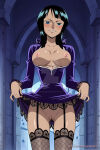  1girl breasts_out garter garter_belt garter_straps garterbelt garters nico_robin nipples no_panties one_piece pussy skirt_lift solo_female solo_focus 