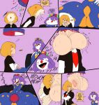 2boys anger_vein ass balls_on_face bare_shoulders big_ass bite_mark bite_mark_on_balls biting biting_balls blonde_hair bodysuit clothing clown clown_makeup el'la_(jacknova093) fat_ass femboy hanging_balls hat huge_ass intersex jacknova093 male orange_hair purple_hair simple_background tears text thick_thighs thighs veiny_balls veiny_testicles wide_hips zach_(jacknova093)