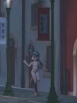 1girl 3d absurd_res black_hair breasts door headband high_res koyomisa lamppost long_hair looking_back navel night nipples nude original outside public public_nudity pussy running shoes sidewalk smile socks solo zenra