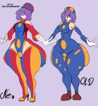 1girl arm_sleeves armwear ass big_ass bodysuit bowtie breasts clown clown_girl clown_makeup el'la_(jacknova093) elbow_gloves fat_ass gloves hat high_heels huge_ass jacknova093 legwear purple_hair redesign simple_background wide_hips