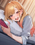 ai_generated blonde_hair blush ear_piercing gyaru holding_phone kitagawa_marin light-skinned_female light_skin long_hair multicolored_hair phone pink_eyes school_uniform schoolgirl smile solo_female sono_bisque_doll_wa_koi_wo_suru spoilage_ai squatting sweat sweatdrop thick_body thick_female voluptuous voluptuous_female