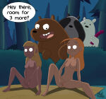 2girls 3boys animal_nose anus anus_peek arm_behind_back bear bear_ears big_breasts black_fur blonde blonde_female blonde_hair brown_fur bush caught caught_in_the_act caught_masturbating covering_own_eyes creative_signature dildo english_text eyelashes fingering forest grizzly_(wbb) groin groin_tendon holding_dildo ice_bear interrupted interrupted_masturbation inviting_to_sex knullmannen long_eyelashes long_hair looking_at_another m_legs male masturbation navel night night_sky nipples nude nude_female on_blanket on_ground open_mouth orange_hair panda_(wbb) paws picnic_blanket pierced_ears piercing pink_nipples pussy_blush raised_eyebrows sidelocks signature sitting speech_bubble spread_legs surprised talking tree trees two-tone_fur upper_teeth_only we_bare_bears white_fur wide-eyed