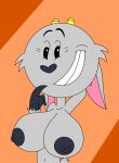 2021 anthro arm_behind_head background big_breasts breasts bust_portrait casual_nudity colored digital_drawing digital_media_(artwork) ears_down flat_colors flavio fur furry genderswap genderswap_(mtf) glance goat goat_horns grey_body grey_fur grey_hooves heart_nose heavymetalrules high_res hooves horns huge_breasts looking_at_viewer male male_only mammal navel nickelodeon nipples orange_background pinup random!_cartoons simple_background smile tail wide_hips