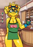  1girl alternate_costume apron arm_behind_back bare_arms bare_legs bare_shoulders big_breasts blonde_female blonde_hair blue_gloves blue_mask breasts cartoon_network cleavage closed_mouth collarbone domino_mask drink eyebrows_visible_through_hair eyes_visible_through_hair female_only female_solo g-lo_(villainous) gloves goggles goggles_on_head green_apron hand_up heroine holding holding_drink indoors legs looking_at_viewer mask naked_apron naughty_face neck orange_eyes orange_goggles ponytail robert_rose_(philelmago) short_hair slime slime_girl smile standing superheroine thighs tied_hair villainous yellow_skin 
