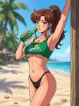  1girl about_to_drink adult_swim alluring athletic_female beach bikini bishoujo_senshi_sailor_moon bishoujo_senshi_sailor_moon_r bishoujo_senshi_sailor_moon_r_the_movie bishoujo_senshi_sailor_moon_s bishoujo_senshi_sailor_moon_s_the_movie bishoujo_senshi_sailor_moon_supers bishoujo_senshi_sailor_moon_supers_the_movie brown_hair cleavage dario fit_female green_eyes holding_soda_bottle makoto_kino medium_breasts ocean pin_up posing sprite_(company) toei_animation toonami under_boob viz_media 