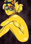  1girl angry black_background blonde_female blonde_hair blue_mask breast_press breasts cartoon_network closed_mouth completely_nude completely_nude_female domino_mask eyebrows_visible_through_hair eyes_visible_through_hair feet_out_of_frame female_only female_solo from_side g-lo_(villainous) goggles heroine knees_up legs looking_at_viewer mask medium_breasts neck nude nude_female orange_eyes orange_goggles ponytail robert_rose_(philelmago) short_hair sideboob sitting slime slime_girl superheroine thighs tied_hair villainous yellow_skin 