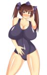 1girl breasts brown_eyes brown_hair female hat himekaidou_hatate huge_breasts musuka_(muska) one-piece_swimsuit pointy_ears simple_background solo standing swimsuit thighs tokin_hat touhou twin_tails twintails white_background