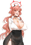 1girl 1girl bg95_(tocs) big_breasts black_choker black_skirt blue_archive blush breasts choker cleavage covered_erect_nipples covered_navel halo jewelry kirara_(blue_archive) long_hair long_sleeves looking_at_viewer necklace no_bra no_panties open_mouth pink_hair red_eyes shiny_skin shirt side_slit simple_background skirt tongue tongue_out white_background white_shirt