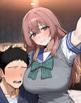 1boy 1girl ai_generated black_hair blush gigantic_breasts huge_breasts inui_shinju light-skinned_female light_skin long_hair looking_at_viewer massive_breasts ntr pink_eyes pink_hair school_uniform schoolgirl selfpic smile sono_bisque_doll_wa_koi_wo_suru spoilage_ai squatting sweat sweatdrop thick_body thick_female voluptuous voluptuous_female wakana_gojo