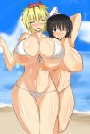 2girls areola areolae armpits beach bikini black_eyes blonde_hair blue_eyes breasts closed_eyes curvy female hair hair_ornament hat headgear hips huge_breasts large_areolae mound_of_venus multiple_girls murasa_minamitsu musuka_(muska) navel nipple_slip nipples ocean puffy_nipples short_hair standing string_bikini summer sweat swimsuit thigh_gap thighs topless toramaru_shou touhou white_bikini white_swimsuit wide_hips wink