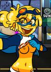 1girl blonde_female blonde_hair blue_cape blue_gloves blue_mask breasts breasts_out breasts_out_of_clothes breasts_outside cape cartoon_network domino_mask eyebrows_visible_through_hair eyes_visible_through_hair female_only female_solo g-lo_(villainous) gloves goggles goggles_on_head happy heroine looking_at_viewer mask medium_breasts navel neck nipples open_mouth orange_eyes orange_goggles outside ponytail pulling pulling_clothing robert_rose_(philelmago) round_teeth selfie_pose selfpic shirt shirt_lift short_hair short_sleeves slime slime_girl small_breasts smile superhero_costume superheroine t-shirt teeth tied_hair upper_teeth upper_teeth_only upshirt villainous yellow_skin