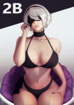  1girl big_breasts bikini blindfold bubble_butt cleavage horny inviting_to_sex nier nier:_automata nier_(series) pose sitting swimsuit teasing thick_thighs valenvenge white_hair yorha_no._2_type_b 