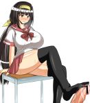 1girl ajimu_najimi black_legwear black_thighhighs breasts brown_eyes brown_hair censored desk feet footjob hair_ornament hairband huge_breasts huge_penis large_penis legs long_hair medaka_box miniskirt musuka_(muska) penis school_uniform short_skirt simple_background sitting skirt stockings sweat thighhighs thighs white_background