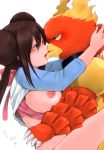  1girl bad_id big_breasts blue_eyes bottomless breasts brown_hair creatures_(company) double_bun female fire game_freak hairbun half-closed_eyes hug human humans_of_pokemon kiss kissing long_hair magmar mei_(pokemon) niku_(dance-siva) nintendo nipples no_hat no_headwear pokemon pokemon_(anime) pokemon_(game) pokemon_black_2_&amp;_white_2 pokemon_black_and_white pokemon_bw pokemon_bw2 porkyman raglan_sleeves rosa_(pokemon) sex shirt_lift straddling sweat upright_straddle vaginal video_games wince 