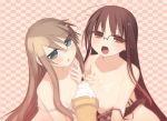  2girls arima_senka arima_senne bra bra_pull breasts brown_hair food glasses green_eyes hair ice_cream kashiwamochi_yomogi lingerie long_hair multiple_girls nipples original red_eyes sexually_suggestive underwear 