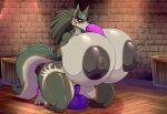1girl ai_generated dildo dildo_in_mouth dildo_in_pussy double_penetration furry furry_female genderswap hyper_breasts wolf wolf_link