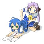 2girls :3 ahoge all_fours blue_eyes blue_hair drawing dry_humping footwear green_eyes hiiragi_kagami humping izumi_konata kneel kneeling long_hair lucky_star multiple_girls orz_(artist) purple_hair school_uniform serafuku sexually_suggestive simple_background socks twin_tails twintails white_background