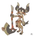 1girl animal_ears arm_wrap axe baggy_eyes bags_under_eyes bandaged_arm bandaged_weapon bandages bangle bare_shoulders big_breasts big_horns bikini black_eyes black_hair black_nails body_freckles bracelet bracelets collarbone cow_ears cow_horns creative_signature cross-laced_sandals double-parted_bangs earrings eyebrows_visible_through_hair forest_box freckles freckles_on_legs from_side furry furry_female gloves greek_mythology groin hair_tubes holding holding_axe holding_weapon horns jewelry leg_wrap long_ears looking_at_viewer midget minotaur navel o-ring original original_character sandals sarong scar scar_on_leg sharp_teeth short_hair shoulder_freckles sidelocks signature simple_background skull smile solo spiked_bracelet standing tail thick_eyebrows thick_thighs torn_clothes tubetop white_background wide_hips