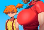 2_girls ai-generated ai_assisted ai_generated big_breasts bouncing_breasts breast_envy breast_size_difference breasts brown_hair clothed creatures_(company) female_focus game_freak green_eyes haruka_(pokemon) jealous kasumi_(pokemon) looking_at_breasts may_(pokemon) misty_(pokemon) nintendo orange_hair pokemon pokemon_(anime) 