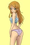  1girl ass back_view bare_arms bare_legs bare_midriff blue_eyes blush breasts brown_hair kousaka_kirino legs long_hair looking_back looking_back_at_viewer naughty_face ore_no_imouto_ga_konna_ni_kawaii_wake_ga_nai panties simple_background small_breasts smile smug_face smug_smile standing striped striped_clothes striped_panties tank_top teenage teenage_girl underwear uselessdegen yellow_background younger_female 