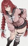 0xkaisa 1girl ai_generated leaning_forward light-skinned_female light_skin long_hair looking_at_viewer mihoyo sfw standing thick_thighs thighs ukinami_yuzuha very_long_hair white_background zenless_zone_zero