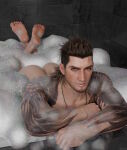 1boy 2026 ass bathtub brown_hair bubble_bath facial_hair feet feet_up final_fantasy final_fantasy_xv gladiolus_amicitia human legs_crossed lucas565 male muscular_male no_visible_genitalia scar_on_face shieldbreaker4 soap_bubbles solo_male tattooed_arm tattoos