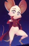 1girl animal_ears ass black_eyes blush bottomless cloak crotch female_focus female_only female_solo from_below fur furry furry_female groin looking_at_viewer looking_down mina_(mina_the_hollower) mina_mina_the_hollower mina_the_hollower mouse mouse_ears mouse_girl mouse_tail notched_ear nude raised_eyebrows red_cloak red_vest sleeveless small_breasts smile starry_sky tail thick_thighs undressing variant_set vest white_fur wide_hips younger_female