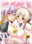 2girls banana bare_shoulders between_breasts blush breasts brown_hair female food fruit gradient_hair hair hijiri_byakuren kiki_(koikuchikinako) messy multicolored_hair multiple_girls nipples purple_eyes reflection sexually_suggestive tongue touhou toyosatomimi_no_miko