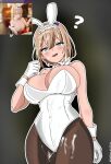1girl ? alternate_version_available andreas._td animal_ears bangs bare_shoulders belebeta_(starseed) belebeta_(starseed:_asnia_trigger) big_breasts black_background blonde_hair blue_eyes blush breasts bunny_ears bunnysuit cleavage com2us cowboy_shot cum cum_on_body detached_collar earrings facial fake_animal_ears gloves hairband hand_up jewelry joycity leotard looking_at_viewer open_mouth pantyhose playboy_bunny rabbit_ears short_hair smile starseed:_asnia_trigger strapless white_gloves white_leotard wrist_cuffs
