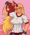 1girl blonde_hair blush breasts female freewilly horn horns hoshiguma_yuugi impossible_clothes impossible_clothing impossible_shirt large_breasts long_hair muscle pointy_ears red_eyes shirt solo touhou