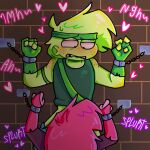  1boy1girl broz_boyz broz_boyz_go chained chained_together chained_wrists chains fellatio freckles green heart_symbol moan moaning moaning_in_pleasure oc ocs original_character original_characters pants_down pink pinkyroxxy_(pinky) sketch slurp zlayway_(miles) 