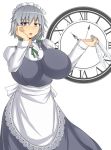 1girl braid braids breasts clock female huge_breasts izayoi_sakuya knife maid maid_headdress musuka_(muska) open_mouth short_hair silver_eyes silver_hair simple_background solo standing touhou weapon white_background