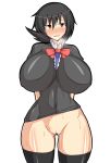 1girl black_hair black_legwear black_thighhighs bottomless breasts curvy erect_nipples female houjuu_nue huge_breasts musuka_(muska) navel no_panties pussy red_eyes shirt short_hair simple_background solo standing stockings sweat thighhighs touhou uncensored white_background wide_hips