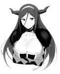  1girl breasts choker cleavage collarbone cosplay crossed_arms dated fur_trim hair_between_eyes hairband horns hyouka irisu_fuyumi large_breasts long_hair maou_(maoyuu) maou_(maoyuu)_(cosplay) maoyuu_maou_yuusha monochrome sasamori_tomoe smile 