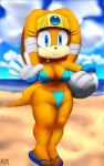 1girl aerosin animal_nose anthro beach big_breasts bikini blue_bikini blue_bracelet blue_eyes blue_gemstone blue_jewel blue_jewelry blue_sandals blue_sky bracelet chubby chubby_female cloud cloudy_sky creative_signature echidna eyelashes full_body furry furry_female furry_only gold_tiara groin hand_up highleg_bikini holding_ball jewelry legs_together long_eyelashes navel orange_fur orange_hair orange_skin parted_hair sand sandals sea seaside short_hair sidelocks signature smile sonic_adventure sonic_the_hedgehog_(series) string_bikini tail thick_thighs tiara tikal_the_echidna two-tone_skin volleyball volleyball_(ball) waving waving_hand white_gloves wide_hips