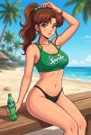 1girl about_to_drink adult_swim alluring athletic_female beach bikini bishoujo_senshi_sailor_moon bishoujo_senshi_sailor_moon_r bishoujo_senshi_sailor_moon_r_the_movie bishoujo_senshi_sailor_moon_s bishoujo_senshi_sailor_moon_s_the_movie bishoujo_senshi_sailor_moon_supers bishoujo_senshi_sailor_moon_supers_the_movie brown_hair cleavage dario fit_female green_eyes holding_soda_bottle makoto_kino medium_breasts ocean pin_up posing sprite_(company) toei_animation toonami under_boob viz_media