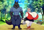  1girl ai_generated amaterasu_okami bigger_male duo eric_(wolf2012) fully_clothed fully_clothed_female fully_clothed_male hyper_balls hyper_breasts male muscular_male park walking wolf 